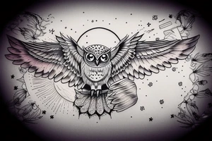 Owl open wings in front of moon tattoo idea