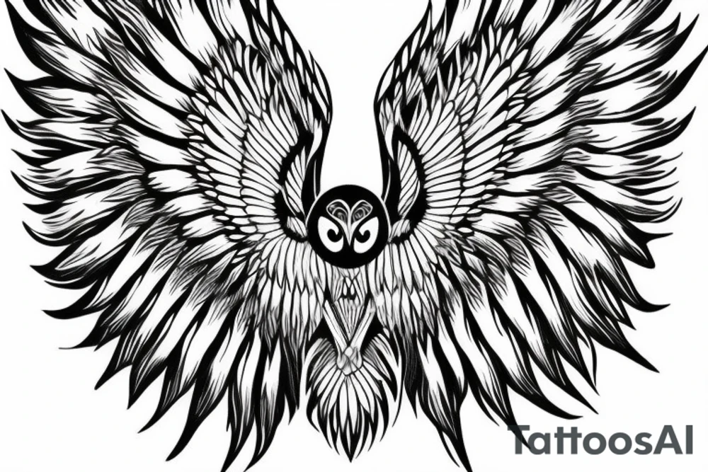 Owl open wings in front of moon tattoo idea