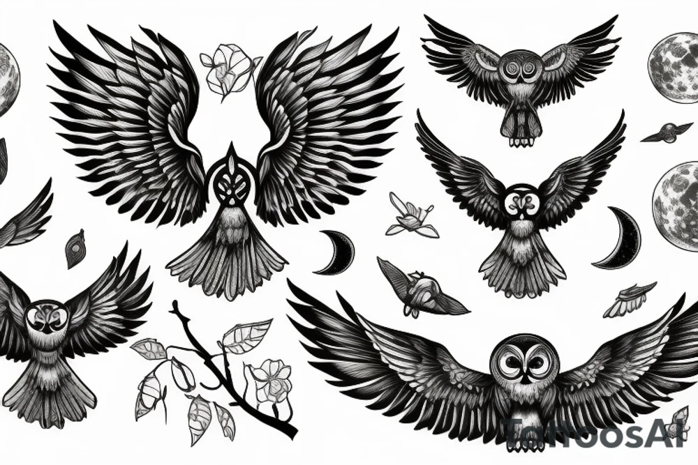 Owl open wings in front of moon tattoo idea