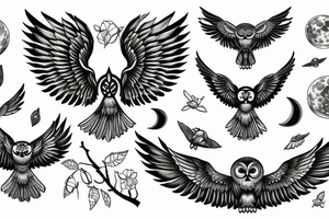Owl open wings in front of moon tattoo idea