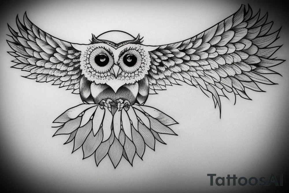 Owl open wings in front of moon tattoo idea