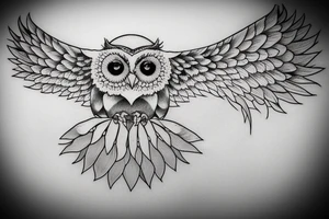 Owl open wings in front of moon tattoo idea