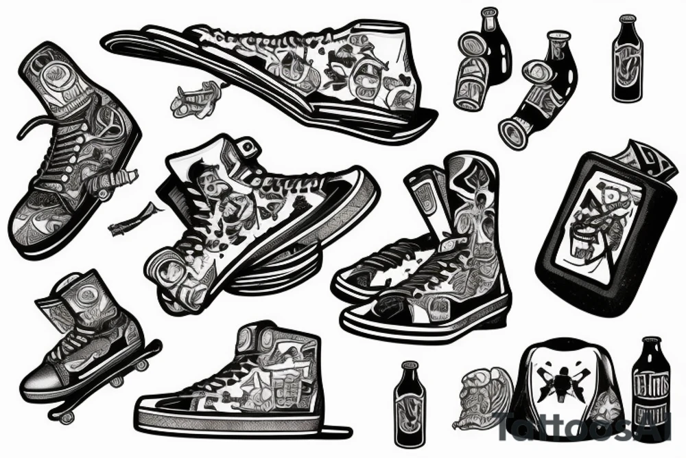 Skateboard on fire and broken beer bottles tattoo idea