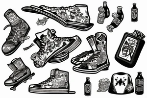 Skateboard on fire and broken beer bottles tattoo idea
