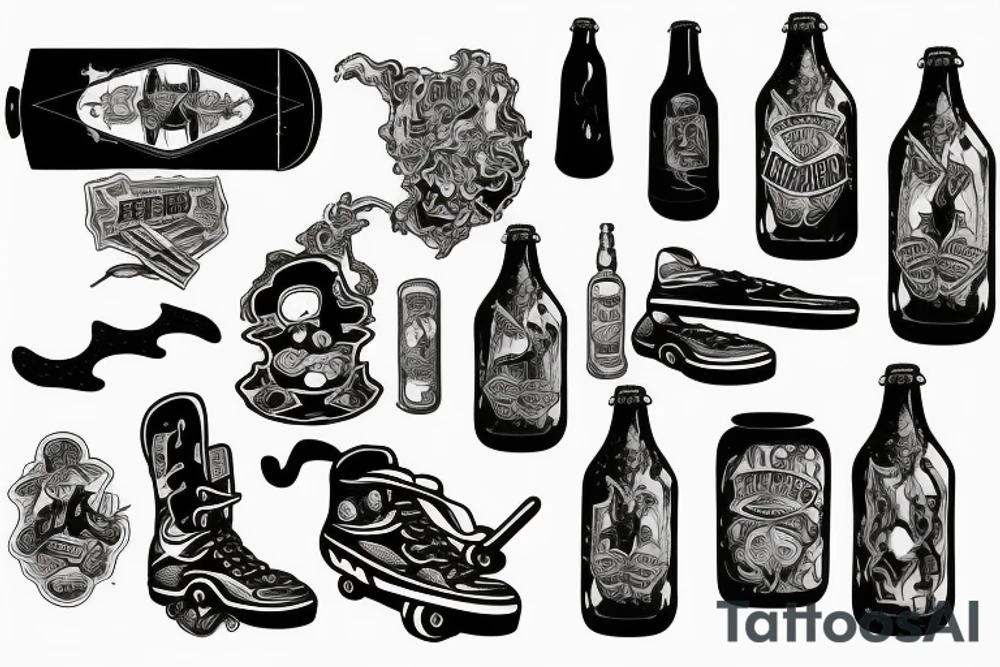 Skateboard on fire and broken beer bottles tattoo idea Skateboard on fire and broken beer bottles tattoo idea