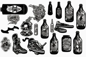 Skateboard on fire and broken beer bottles tattoo idea