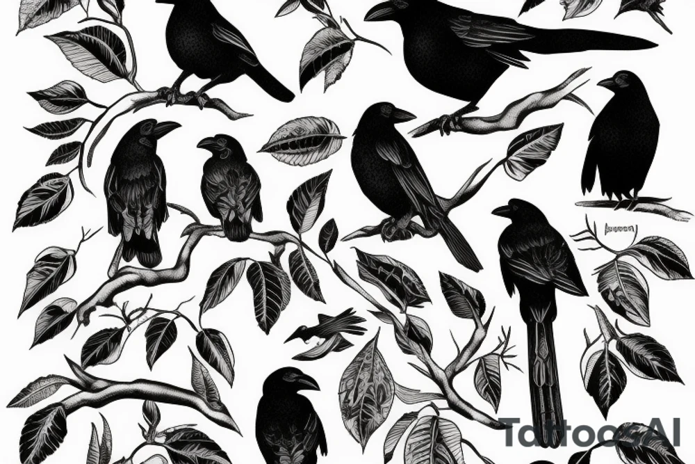 Crow perched on a branch tattoo idea