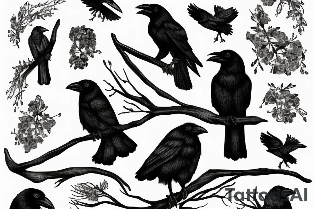 Crow perched on a branch tattoo idea