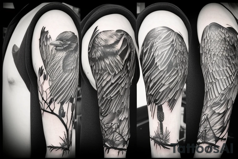 Angry Crow perched on a branch tattoo idea