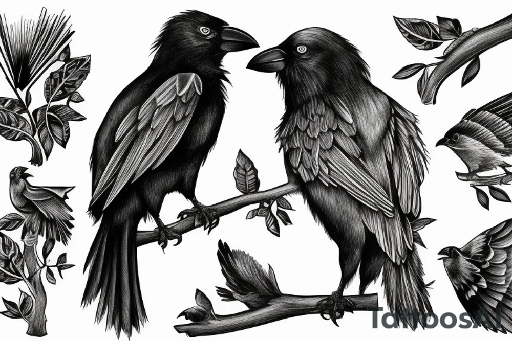 Angry Crow perched on a branch for forearm tattoo idea