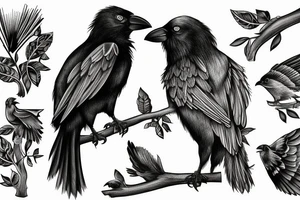 Angry Crow perched on a branch for forearm tattoo idea