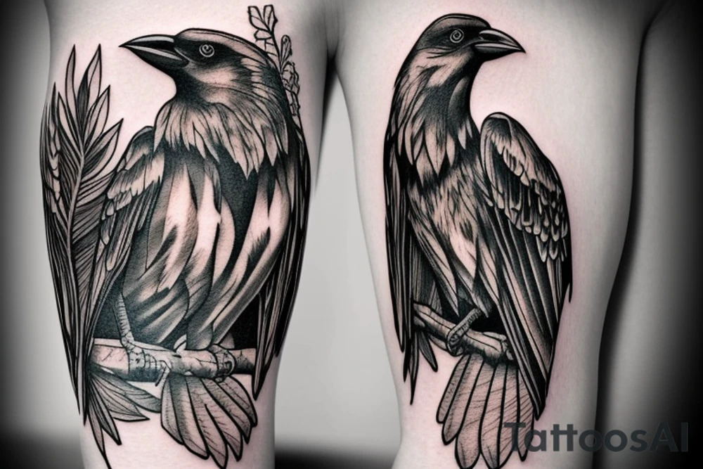 Angry Crow perched on a branch for forearm tattoo idea