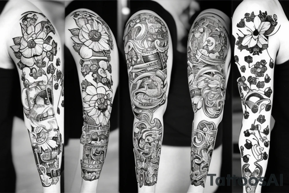 sword and crown with flowers black and white pig strength tattoo idea