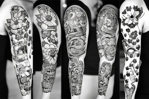 sword and crown with flowers black and white pig strength tattoo idea