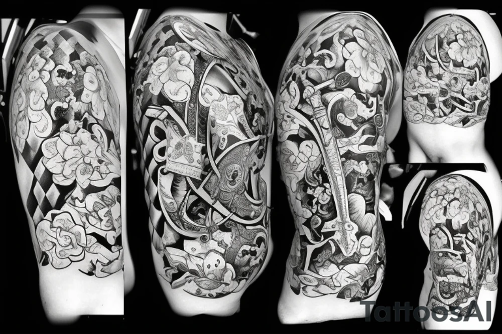 sword and crown with flowers black and white pig strength tattoo idea