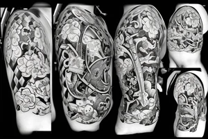 sword and crown with flowers black and white pig strength tattoo idea
