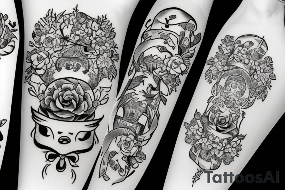 sword and crown with flowers black and white pig strength tattoo idea
