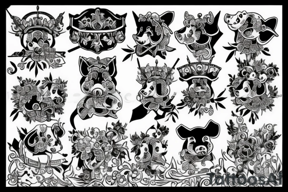 sword and crown with flowers black and white pig strength tattoo idea