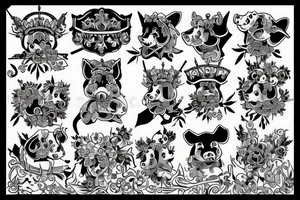 sword and crown with flowers black and white pig strength tattoo idea