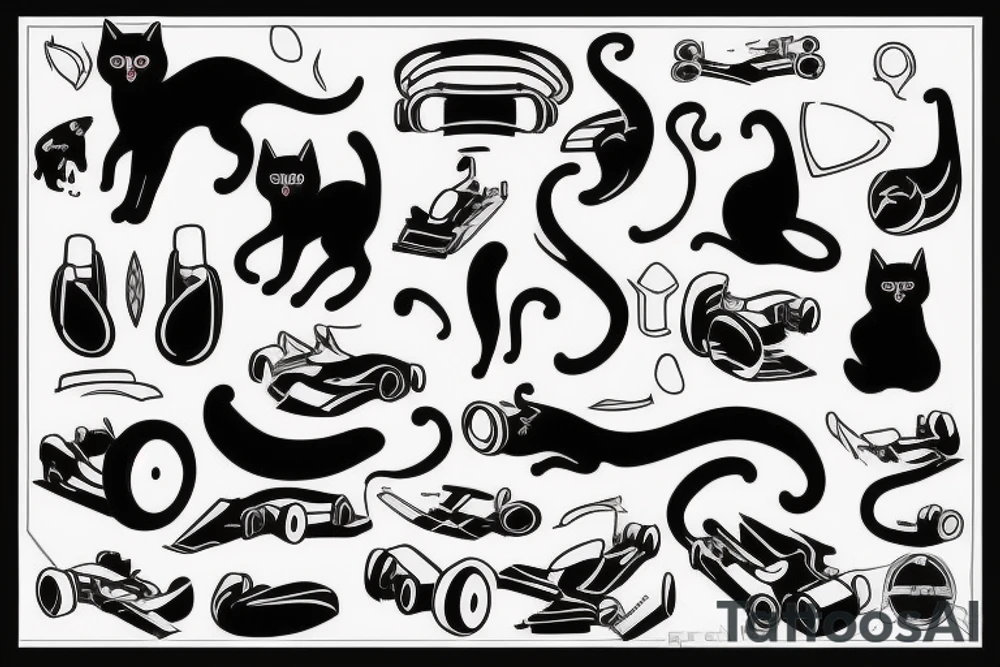 white-black cat in a formula one car tattoo idea