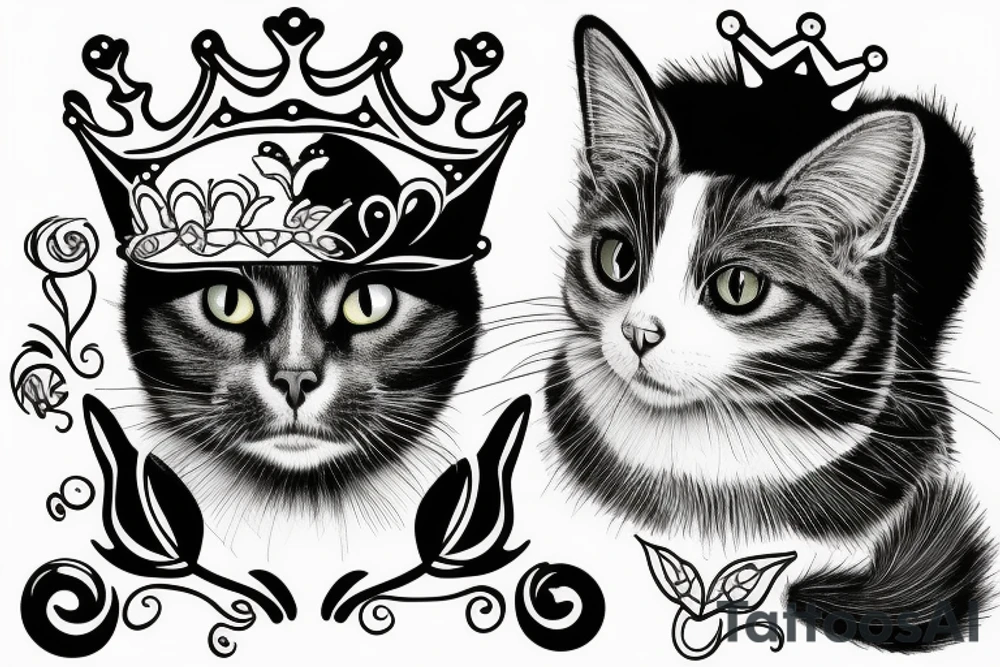 black and white cat with crown tattoo idea