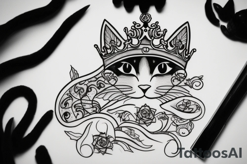 black and white cat with crown tattoo idea
