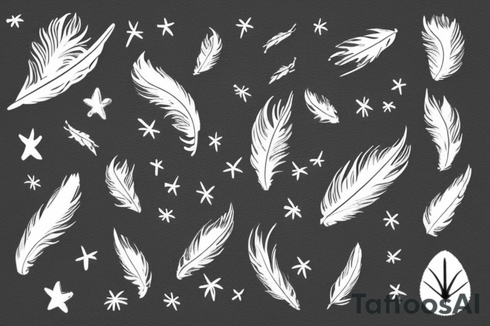 At night with my other half, with stars in the sky and full of love forever and lastly a small white feather floating

Night time with stars in the sky, a completing piece, my other half with me having full of love and there is a small feather flying tattoo idea