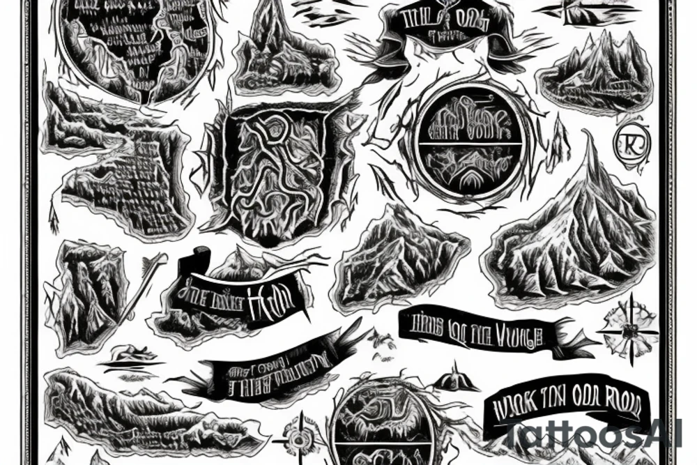 Lord of the rings map of a walking trail, with the text "and the road goes ever on and on" tattoo idea
