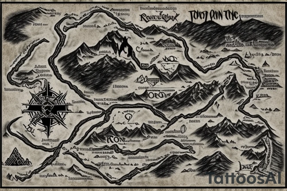 Lord of the rings map of a walking trail, with the text "and the road goes ever on and on" tattoo idea