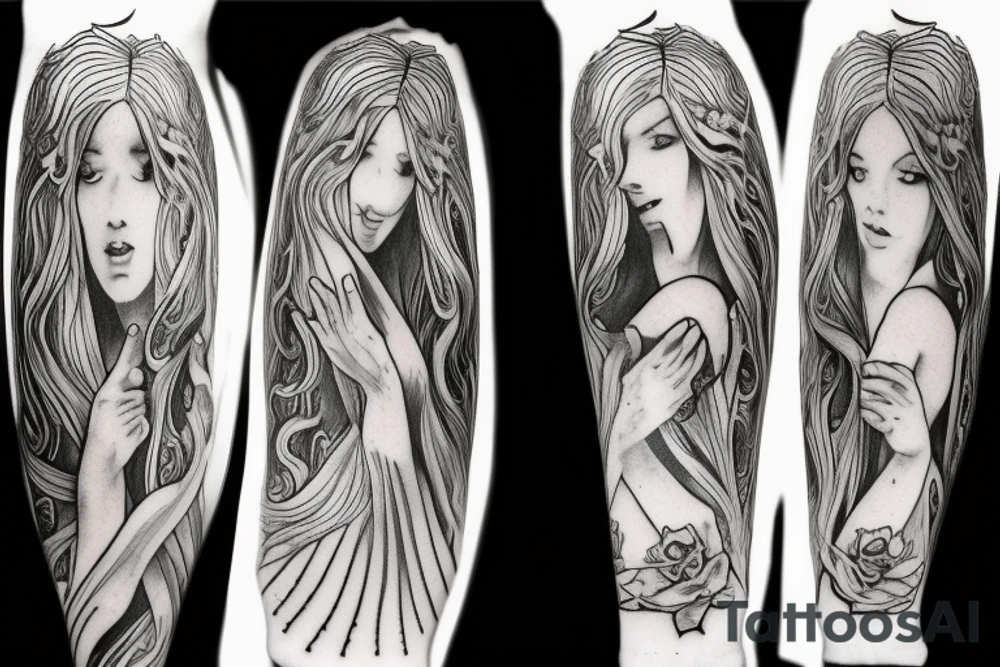 long-haired angel woman with cupped hands in a flowing gown tattoo idea
