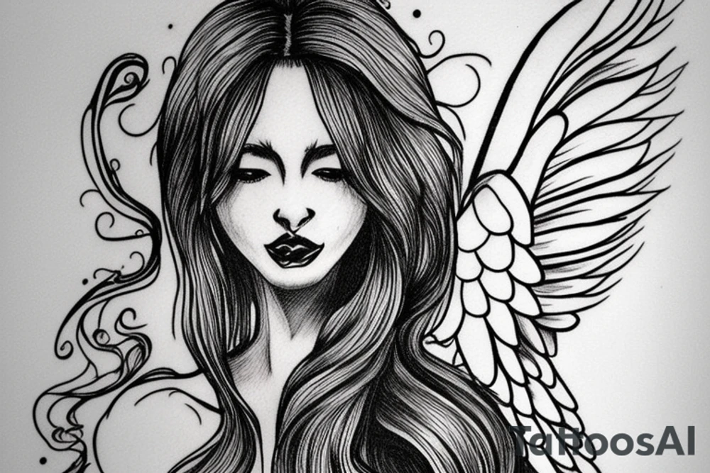 long-haired angel woman with cupped hands in a flowing gown tattoo idea