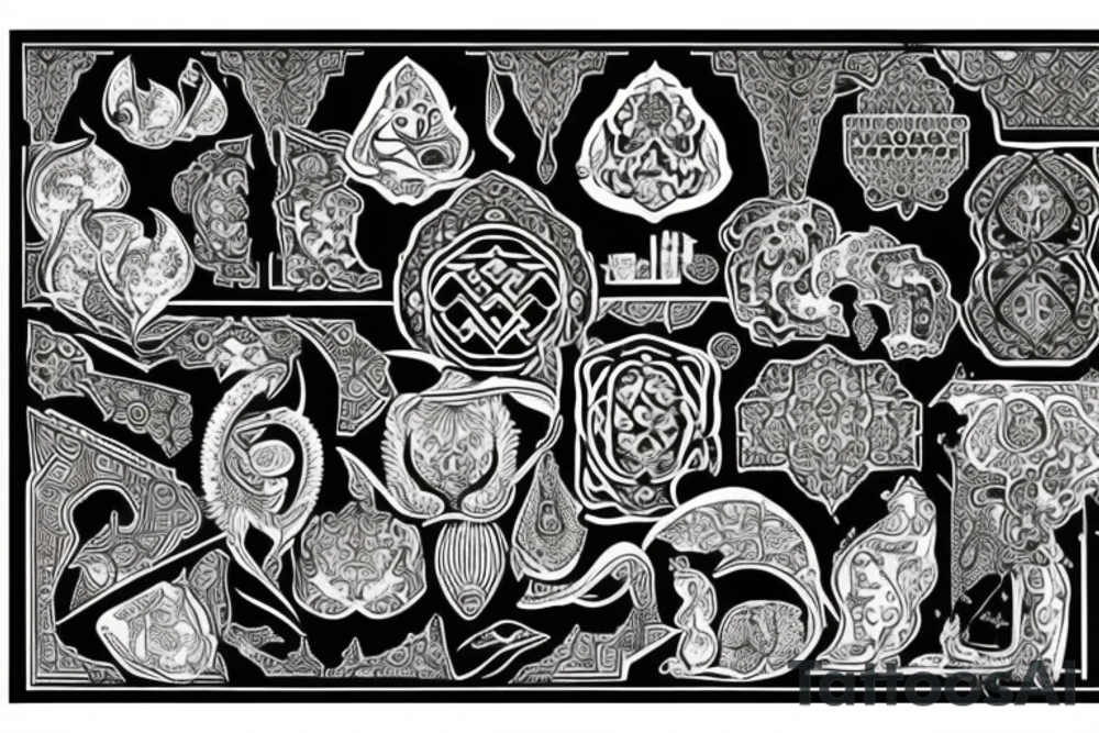 a conceptual scenery with lots of Persian elements in blackout style tattoo idea