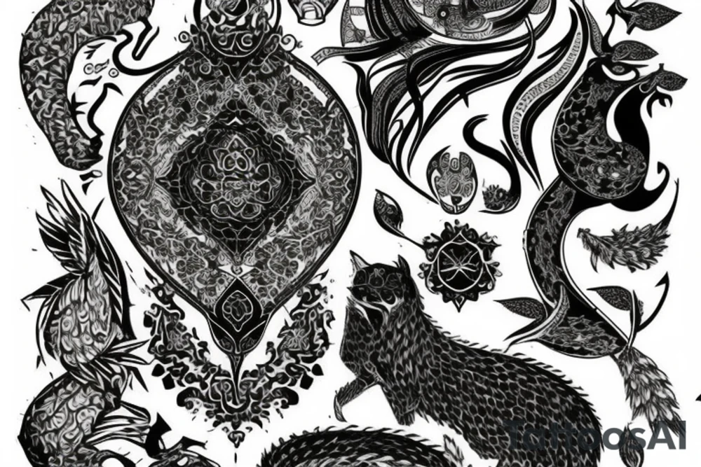 a conceptual scenery with lots of Persian elements in blackout style tattoo idea