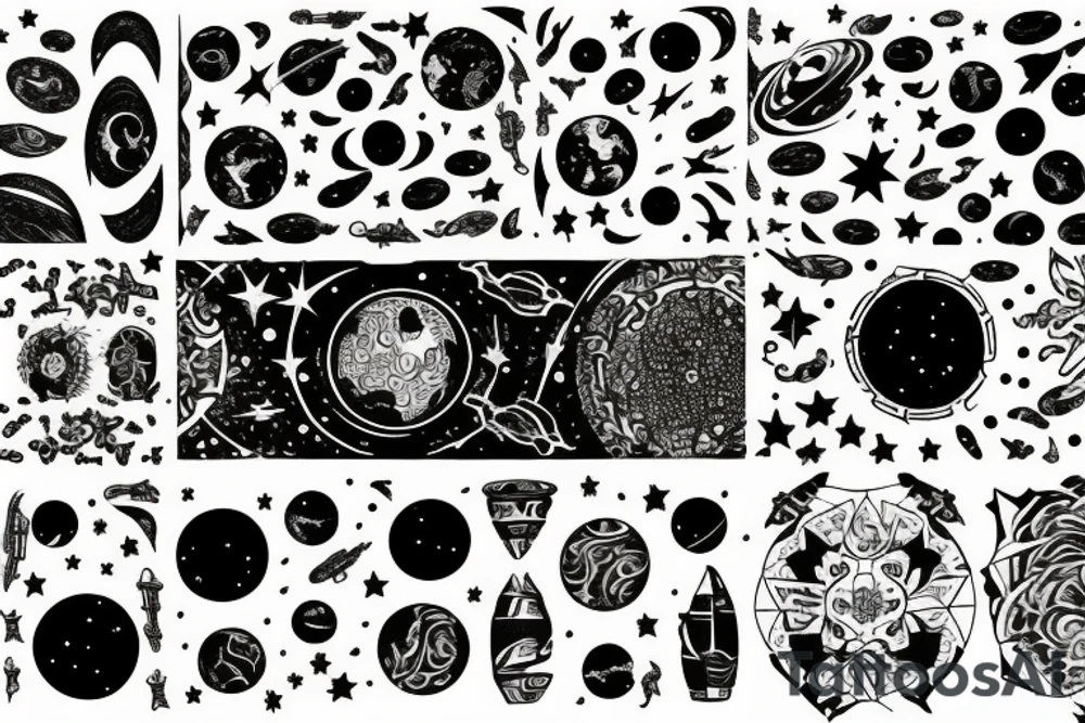 space scenery with lots of Persian elements and planets and stars tattoo idea