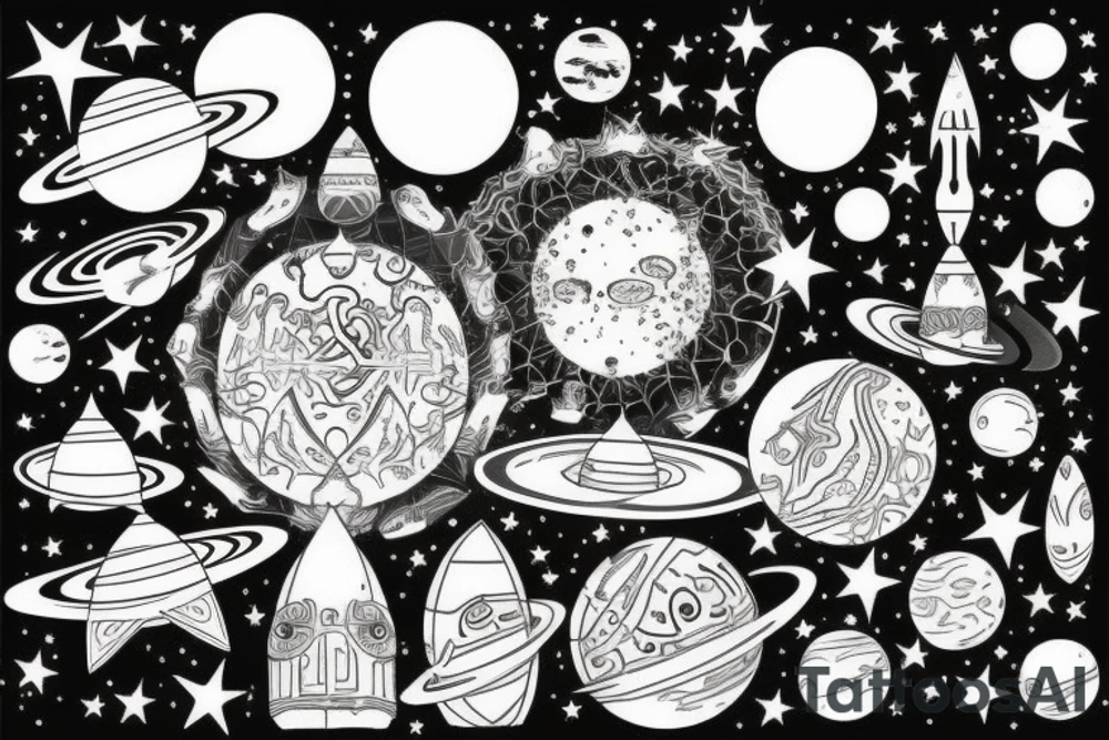 space scenery with lots of Persian elements and planets and stars tattoo idea
