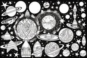 space scenery with lots of Persian elements and planets and stars tattoo idea