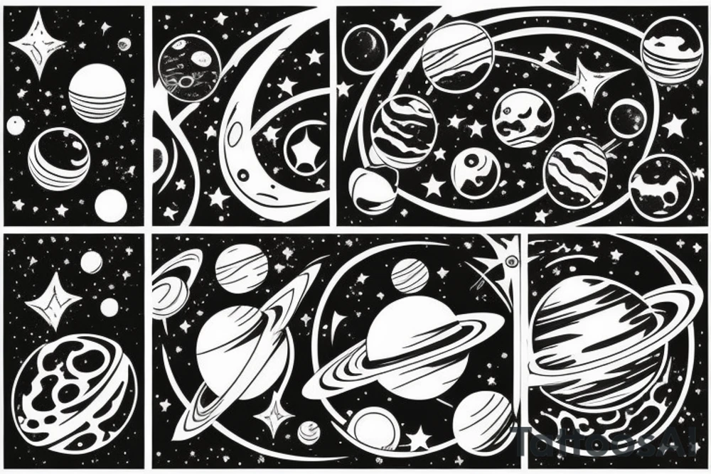 space scenery with lots of Persian elements, planets and stars tattoo idea