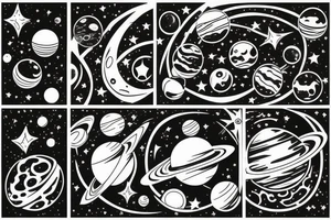 space scenery with lots of Persian elements, planets and stars tattoo idea