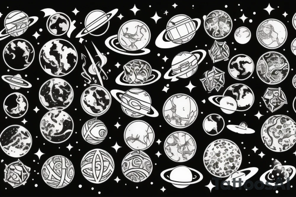 space scenery with lots of Persian elements, planets and stars tattoo idea
