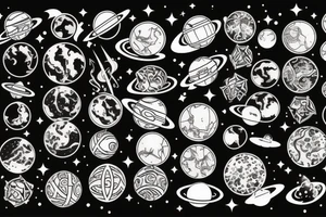 space scenery with lots of Persian elements, planets and stars tattoo idea