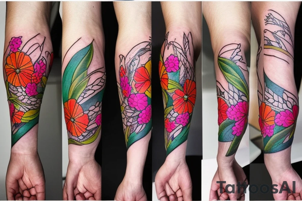 colorful flower with a bandage on its stem tattoo idea