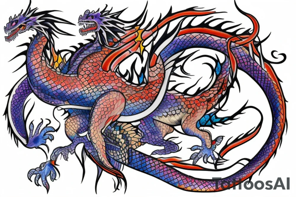 Back tattoo with a dragon and splashes of colour tattoo idea