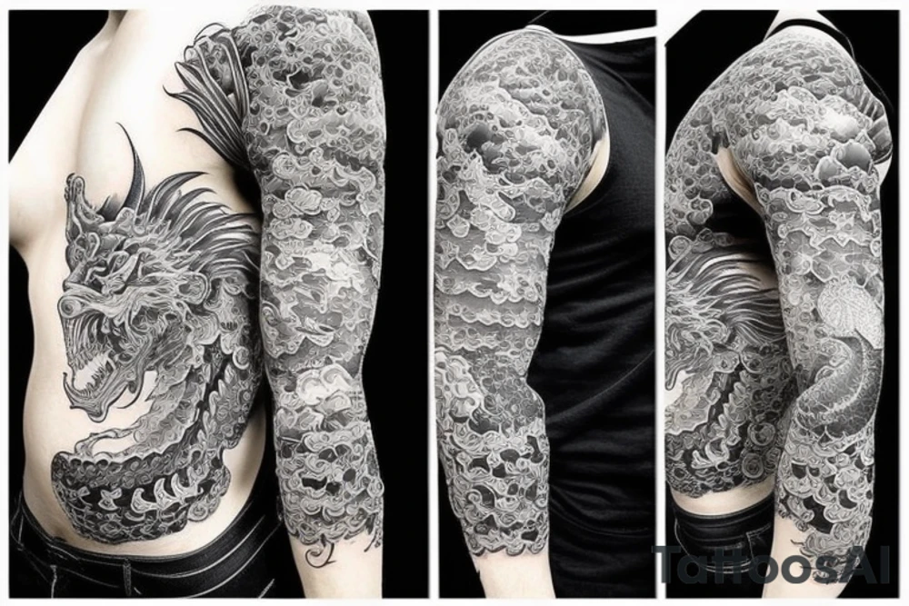 Sleeve tattoo that has Japanese dragons tattoo idea