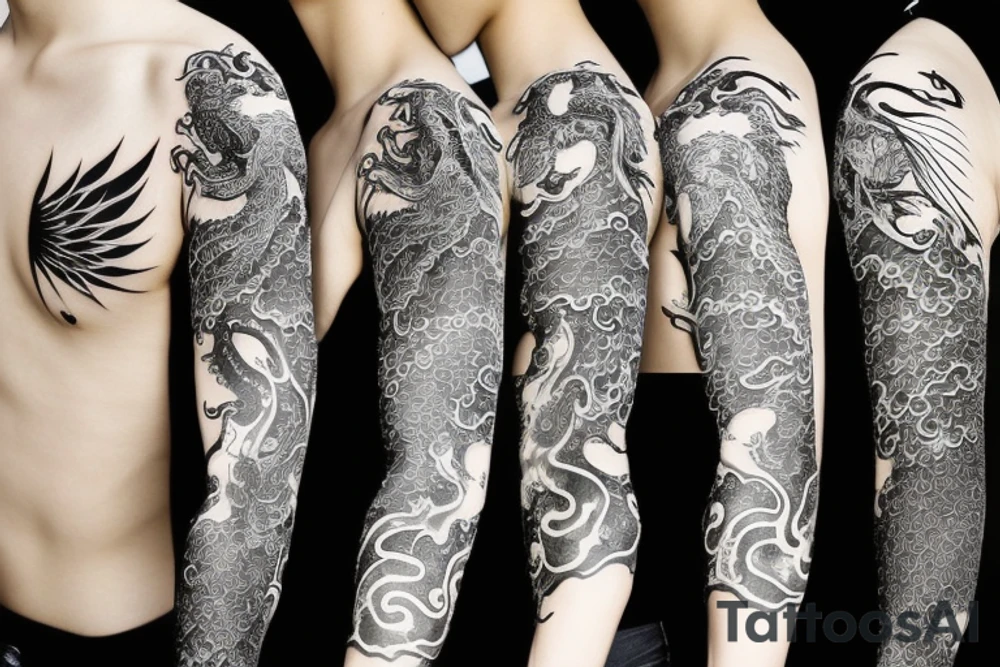 Sleeve tattoo that has Japanese dragons water tattoo idea