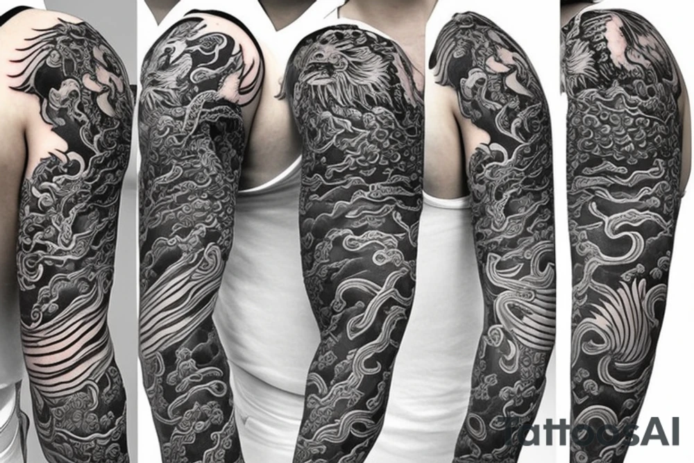 Sleeve tattoo that has Japanese dragons water tattoo idea