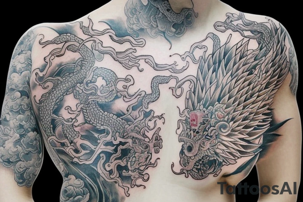 Sleeve tattoo that has Japanese dragons water tattoo idea