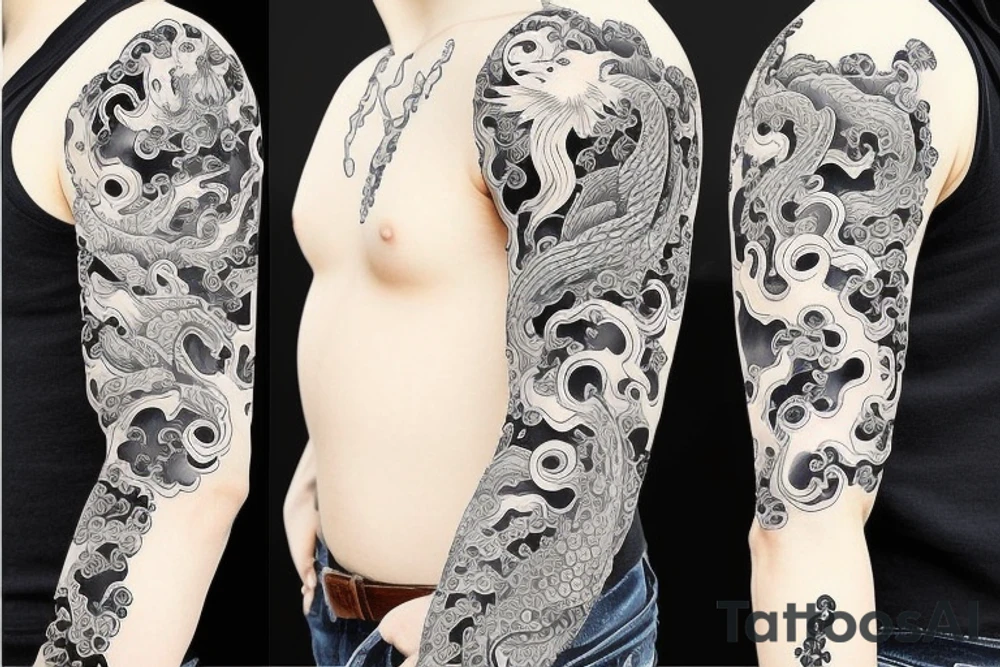 Sleeve tattoo that has Japanese dragons water tattoo idea