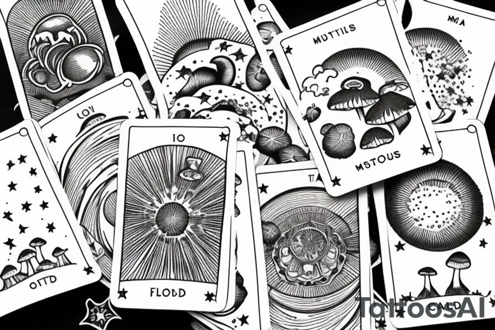 moon tarot card with stars and clouds in sky and field of mushrooms and pumpkins tattoo idea