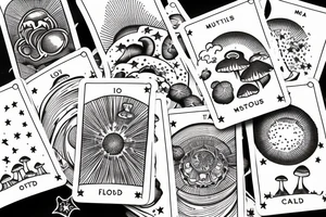 moon tarot card with stars and clouds in sky and field of mushrooms and pumpkins tattoo idea