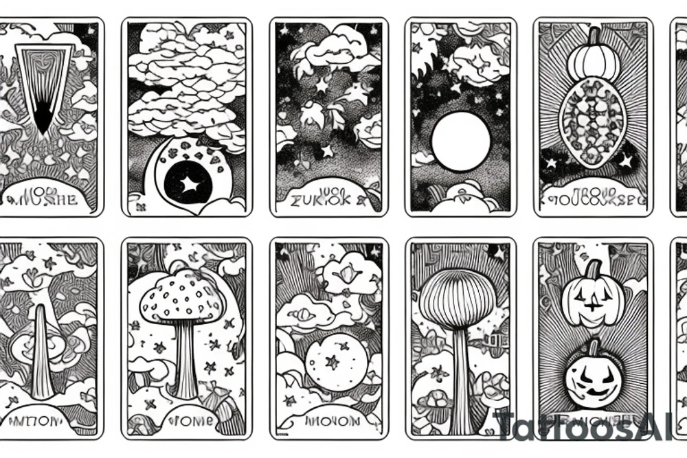 moon tarot card with stars and clouds in sky and field of mushrooms and pumpkins tattoo idea